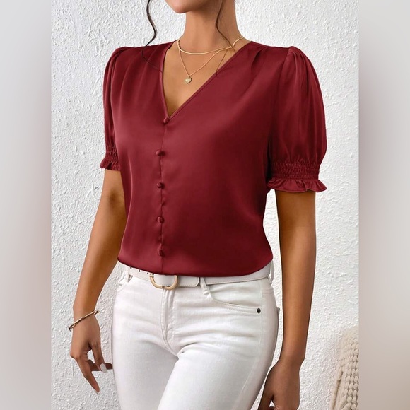 Elegant Burgundy V-Neck Blouse satin frill button front puff sleeve office night - Picture 3 of 11